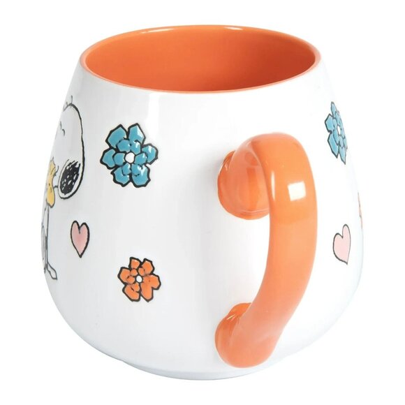 Peanuts Snoopy Holding Woodstock 20 oz Ceramic Coffee Mug Floral Hearts Orange - Picture 6 of 7